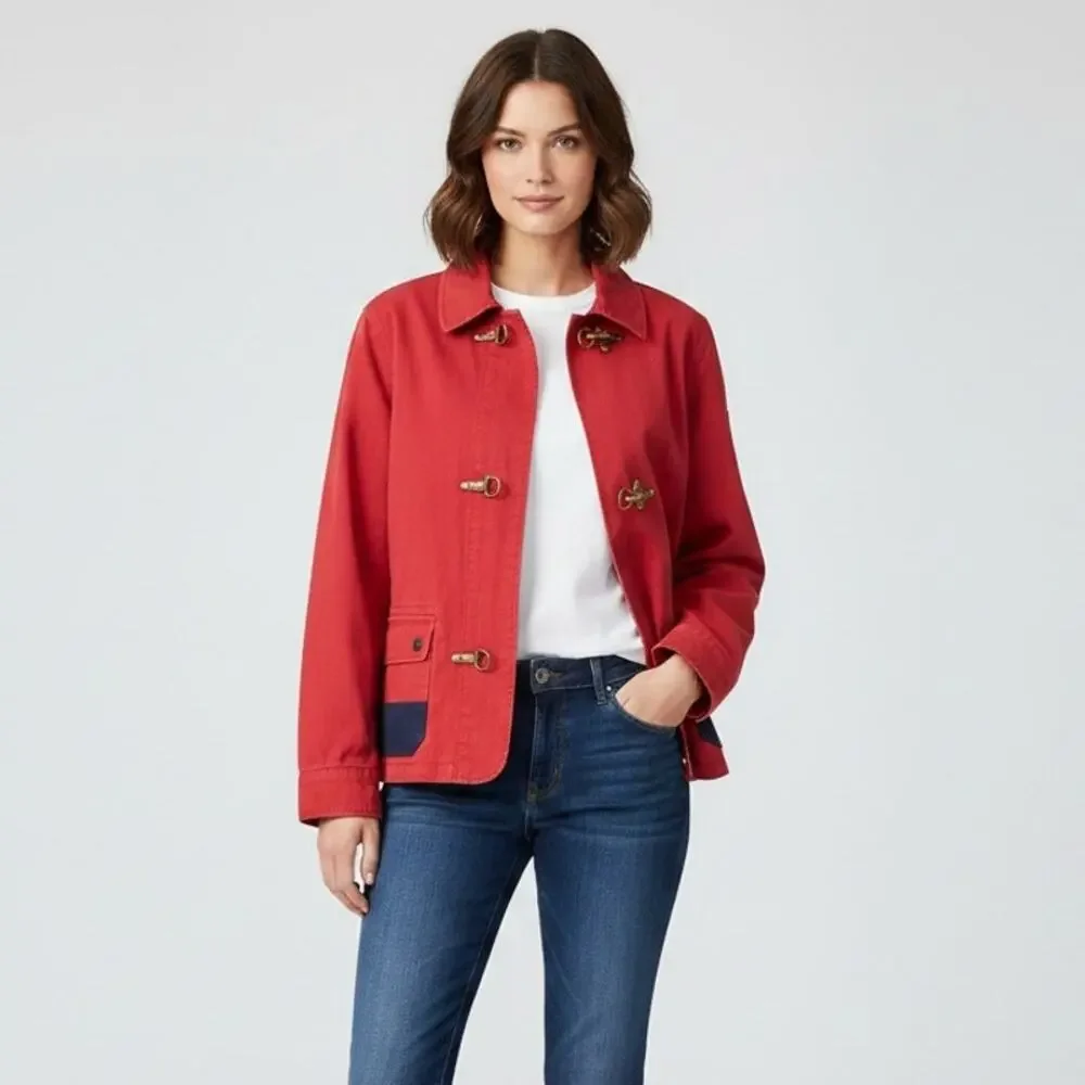 Vintage RALPH LAUREN Women's Fireman-Style Utility Jacket Red/Navy Size XL
